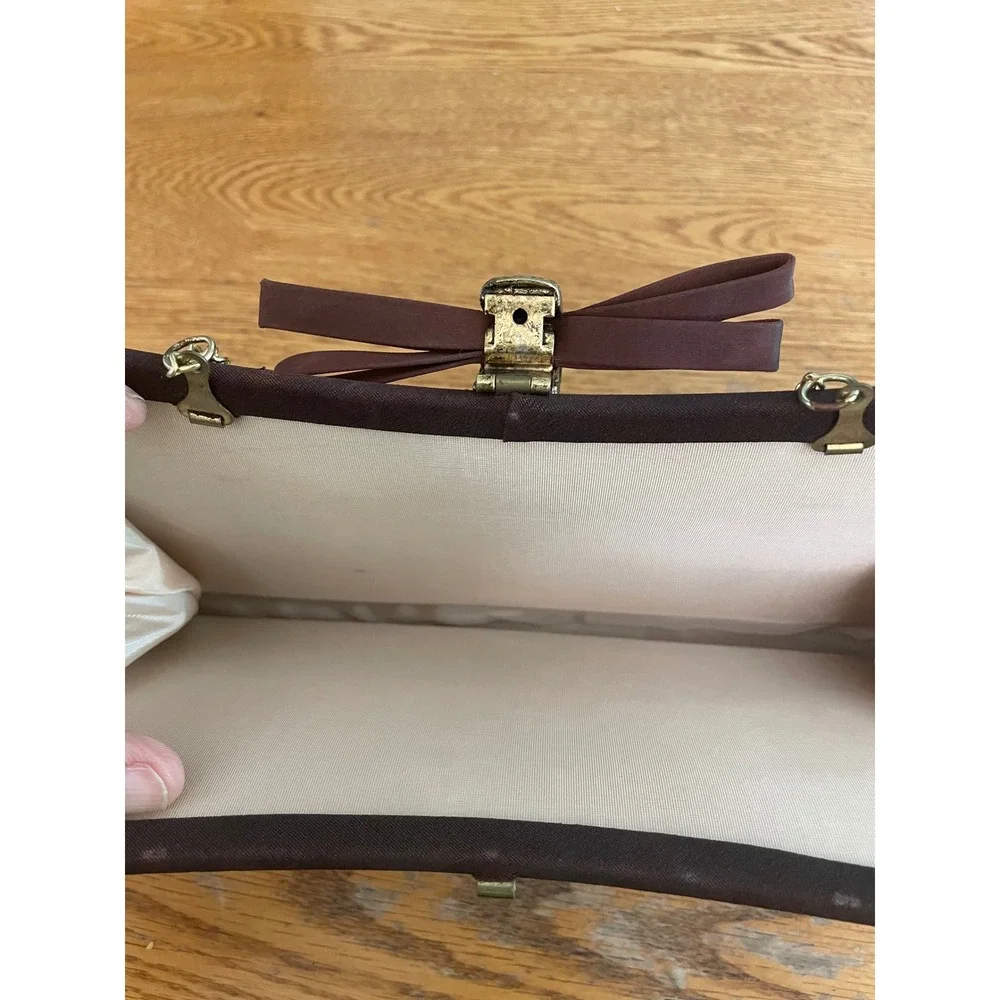 Vintage Brown Satin Bow Clutch Bag Gold Chain Shoulder Strap Evening Formal Bag